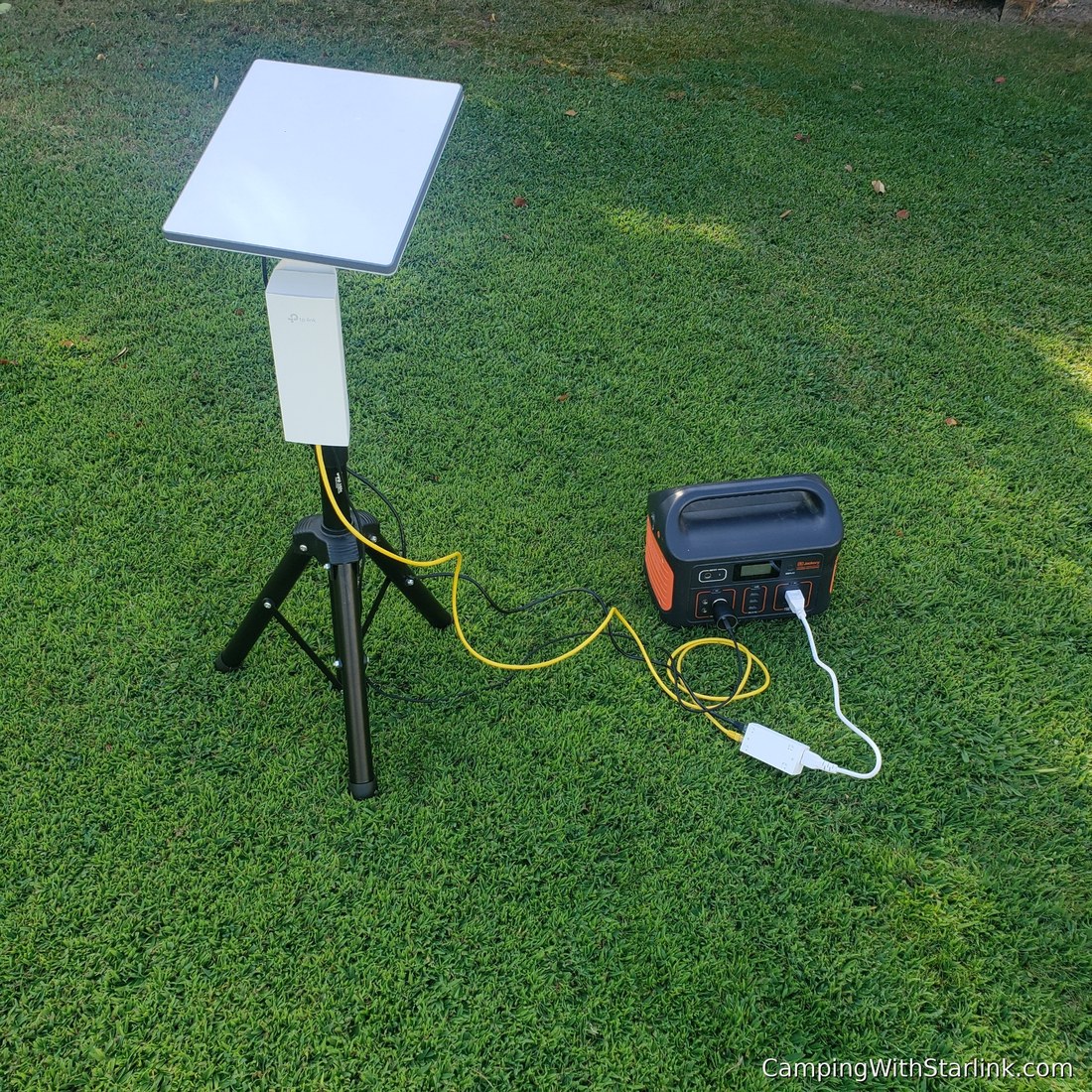 Starlink Mini tripod setup with directional Wi-Fi antenna and portable power station